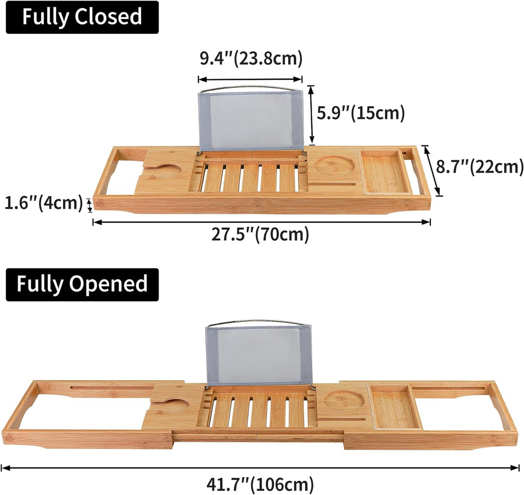 Bamboo Bathtub Caddy Tray Bath Tray for Tub, Adjustable Bathroom Bathtub Organizer with Book Tablet Wine Glass Cup Towel Holder