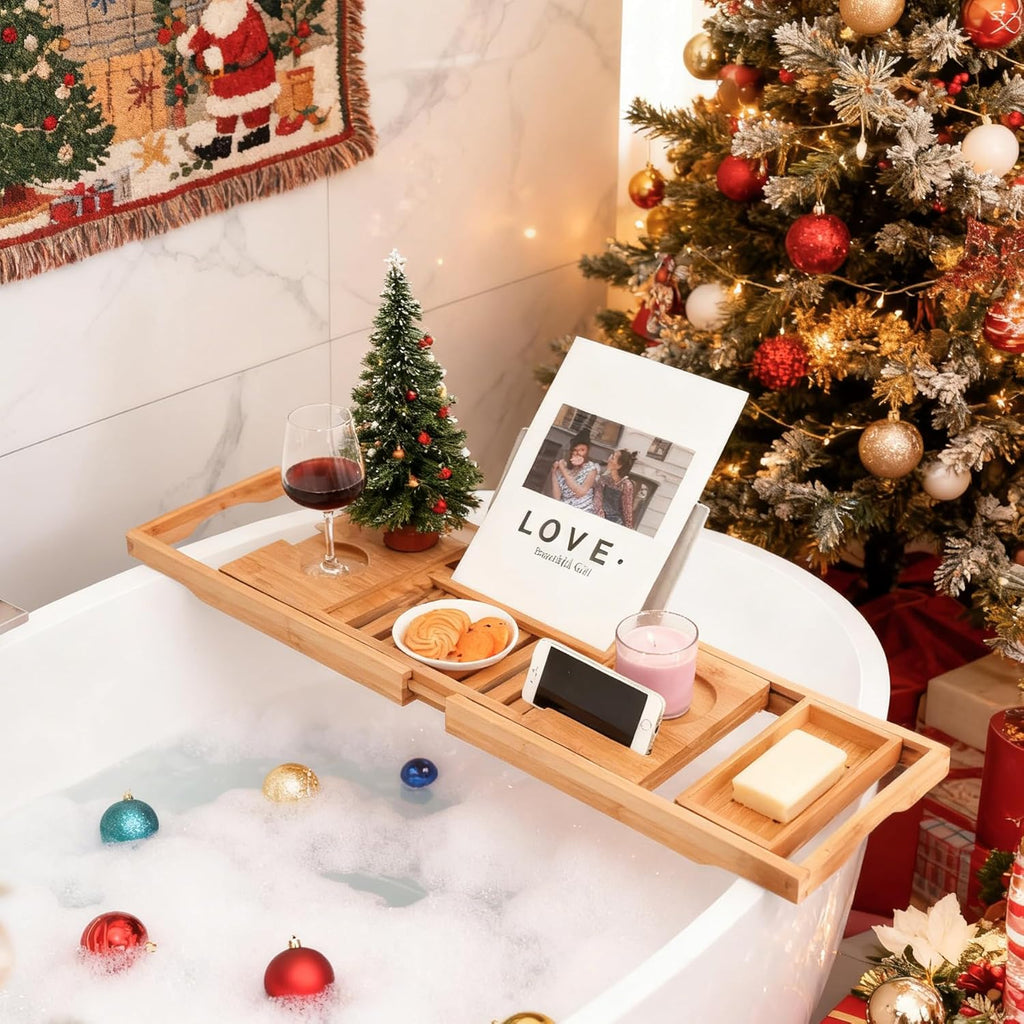 Bamboo Bathtub Caddy Tray Bath Tray for Tub, Adjustable Bathroom Bathtub Organizer with Book Tablet Wine Glass Cup Towel Holder